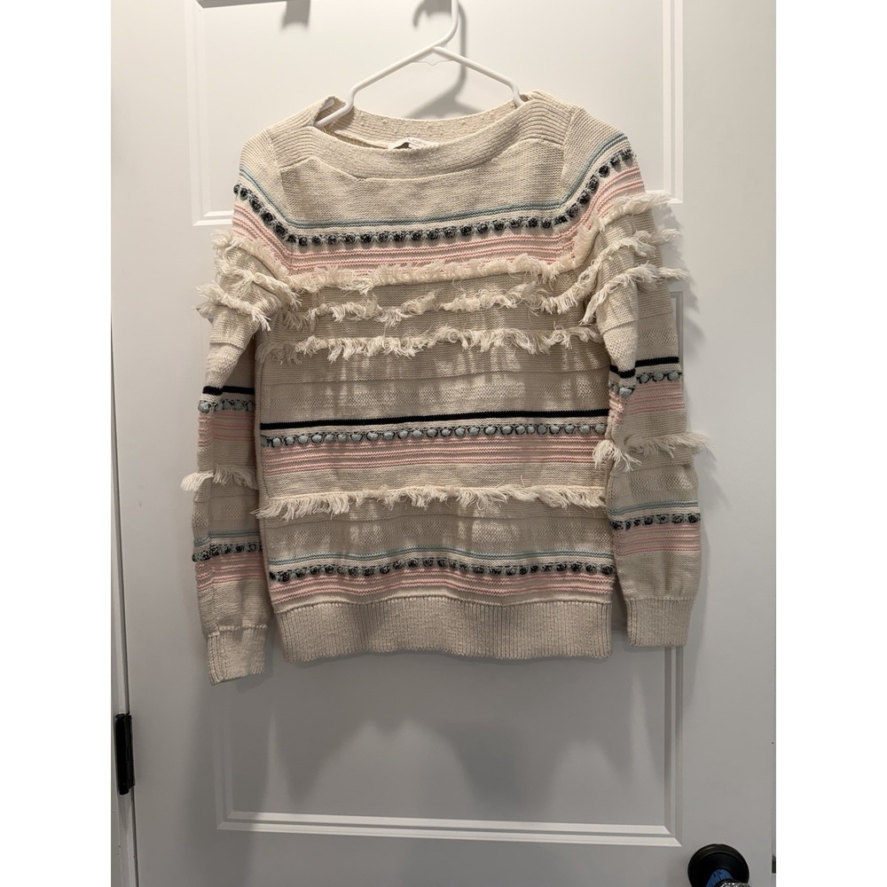 Loft Pry Boat Neck Fringe Pom Pom Pullover Sweater Women's M NWT Boho Aztec